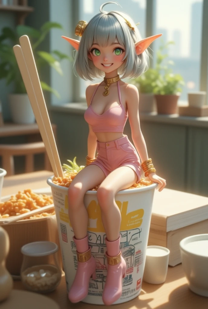 A cup noodle container with the product name printed on the side with the cover tightly closed, A small miniature elf figure sitting on the edge of the cover, full body, PVC texture, silver bob cut, green eyes, Pointy Ears, gold bangles, pink tube top, breasts, cleavage, pink mini shorts, pink short boots, smile, super realistic, Tilt lens photography