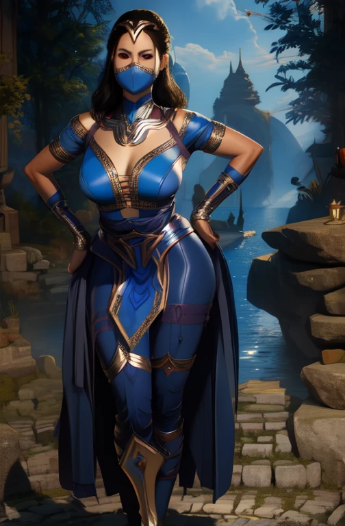 KitanaMK1, black hair, brown eyes,  jewelry, blue dress, cleavage,  mouth mask, 
looking at viewer, royal garden. morning,
 standing,full body,prefect body,large butt,smile toned, (insanely detailed, beautiful detailed face, masterpiece, best quality), turn back,butt show,cross arms