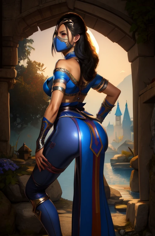 KitanaMK1, black hair, brown eyes,  jewelry, blue dress, cleavage,  mouth mask, 
looking at viewer, royal garden. morning,
 standing,full body,prefect body,large butt,smile toned, (insanely detailed, beautiful detailed face, masterpiece, best quality), turn back,butt show,cross arms