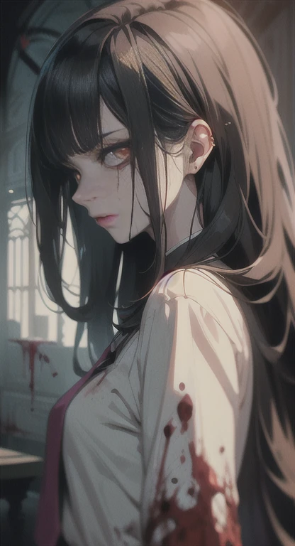 1boy, tall, very long hair, black hair, bang on the face, a lot of blood, winter forest blood, aggressive face, blood on the trees, blood on face, on floor, blood everywhere