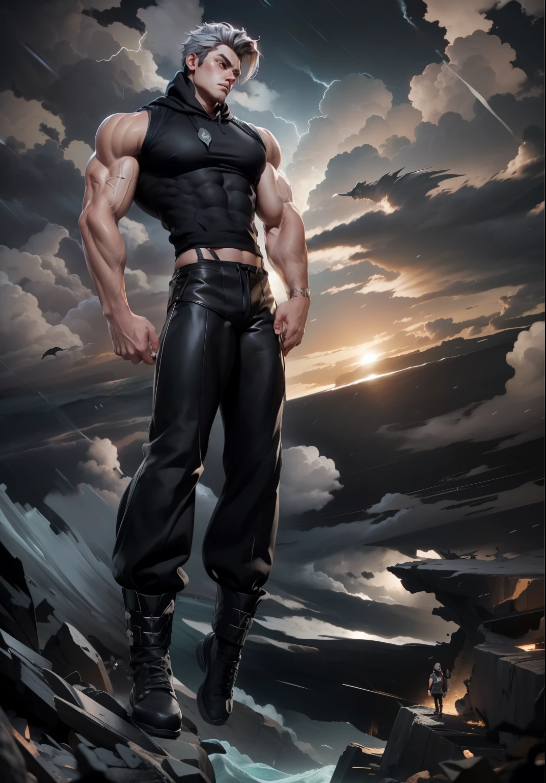 absurdres, highres, ultra detailed, HDR, masterpiece, Ren Zotto, vtuber, black hair, expressive red eyes, demon, black horns, 1man, handsome, black leather jacket, inside a dungeon, cave. A teen (Young face) 15 year old teenager (15 years old) very attractive boy, standing, full body. Mexican ethnicity. tanned skin, short hair bangs that fall on both sides of his youthful face. carefree expression, young man, alone, marked muscles, beautiful musculature, aesthetic stretch marks, inspiring physique, slender muscles, square pecs, beautiful V-cone, excellent abs and torso, chiseled abs, pectorals chiseled, perfect massive muscles, inflated muscles, voluminous pectorals, massive muscular body, a huge gigantic chest with a narrow waist, huge shoulders, ridiculously well-shaped large pecs, eight chiseled abs, (very toned and huge) with his military haircut and voluminous neck, narrow waist, golden eyes, young face, beautiful, young. Teen muscular young bodybuilder with extraordinary and firm back, chiseled muscles, rhomboid muscles, latissimus dorsi. Gigachad. He wears a leather jacket (JACKET) that reaches the height of his ribs and is open. (Bare torso) and tight black leather pants, bulge chest, he does not use a belt. He is shirtless under his jacket, which highlights his prominent abs and pectorals. He doesn't wear a belt. His muscles stand out. Ruins of greek temple background. Standing, full body. (((black latex pants))) (((Exposed muscular torso. Open jacket.)))