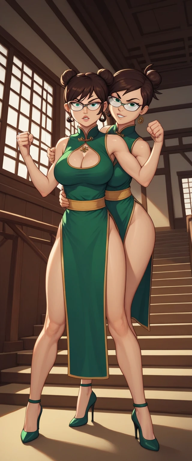 lisa loud, 2girl, duo, 24yo girl, large breasts, green cheongsam, glasses, inside of a chinese temple, looking at viewer, brunette hair, two hair buns , hands  score_9, score_8_up, score_7_up, high heels, teep fighting stance,martial arts, stairs behind her, guarding the stairs, chest window, twins