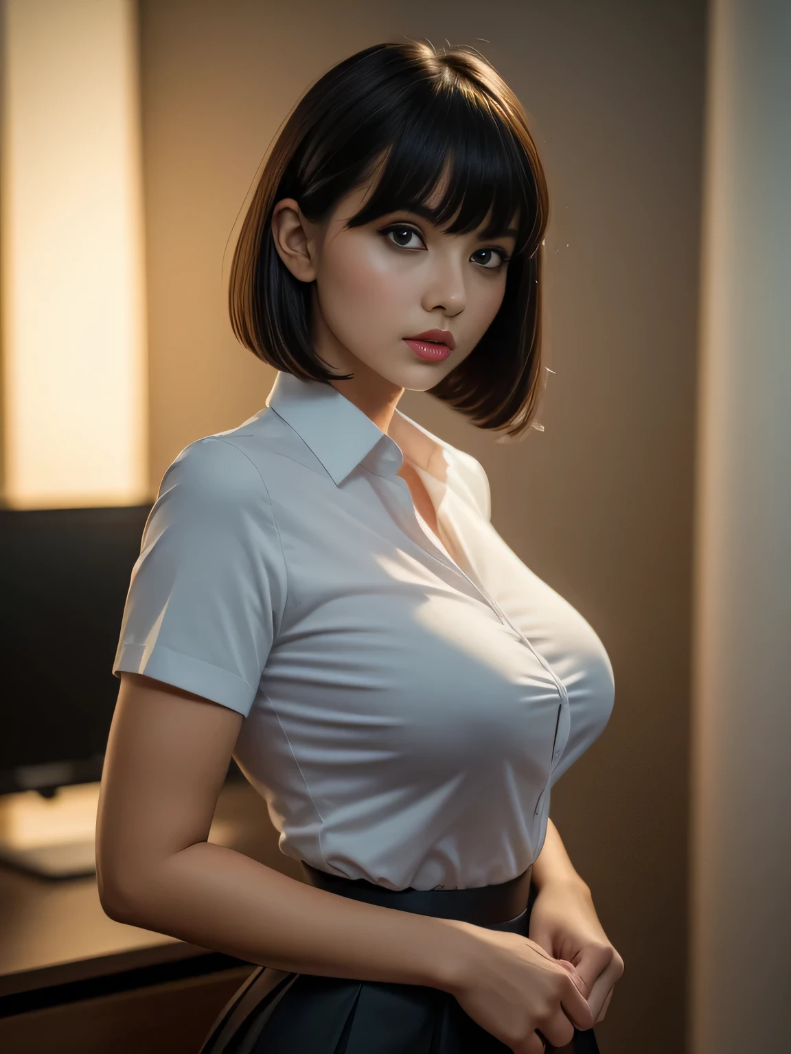 Tight-fitting business shirt, Short sleeves, Tight-fitting skirt, (Shirt tucked into skirt:1.3),
4K Quality, (High Resolution:1.3), (Realistic photo:1.3), (Raw photo:1.1), (Extremely detailed photo), Absolute masterpiece,
Staring, (Looking at the viewer:1.3), (Looking at camera:1.3), (From side:1.3), Bust is in the frame, In a dimly lit office late at night,
(Big breasts:1.2), (Lip make-up), Glossy skin, Bangs, Short wavy bob, Ultra pretty girl