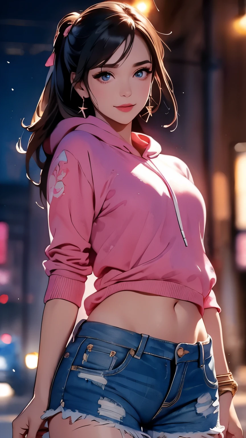 score_9, score_8_up, score_7_up, score_6_up, score_5_up, score_4_up,((Super detailed watercolor girl:1.2)),((Hip hop clothes:1.2)),Pink hoodie, denim shorts, close to the viewer, spot lighting under the street lights at night, from below, attractive body, 26 year old girl, mischievous smile,(High definition),(Masterpiece), (Realistic), (Attention to detail), (Sharp focus),(Top quality), (Detailed skin), (Exquisite details), (8k),