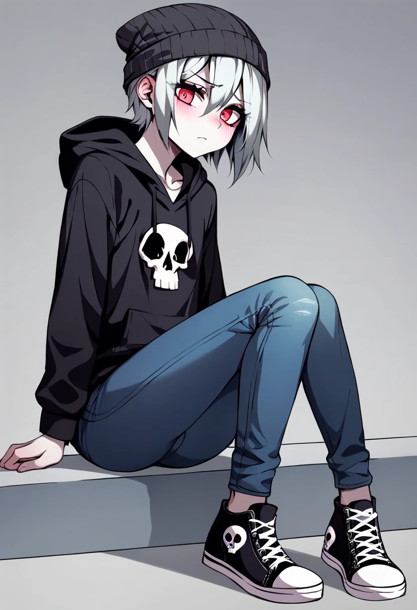 (1 femboy), (British boy), ((pale skin)), (opal-colored eyes), (silver hair), (tousled hair), serious expression, ((slender body)), (white crew neck shirt), (black hoodie), (gray beanie), (dark blue jeans), (Converse sneakers), serious expression, ((shy expression)), (((shy posture))), (((skull pin on beanie))).