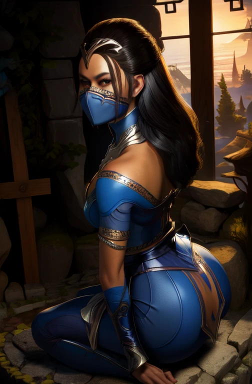 KitanaMK1, black hair, brown eyes,  jewelry, blue dress, cleavage,  mouth mask, 
looking at viewer, royal garden. morning,
 sits,full body,prefect body,large butt,smile toned, (insanely detailed, beautiful detailed face, masterpiece, best quality), turn back,butt show,cross arms,view her back