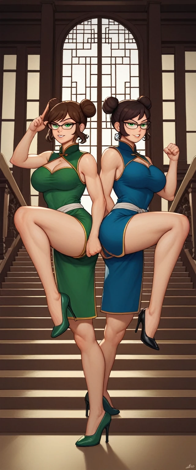 lisa loud, 2girl, duo, 24yo girl, large breasts, green cheongsam, glasses, inside of a chinese temple, looking at viewer, brunette hair, two hair buns , hands  score_9, score_8_up, score_7_up, high heels, teep fighting stance,martial arts, stairs behind her, guarding the stairs, chest window, twins