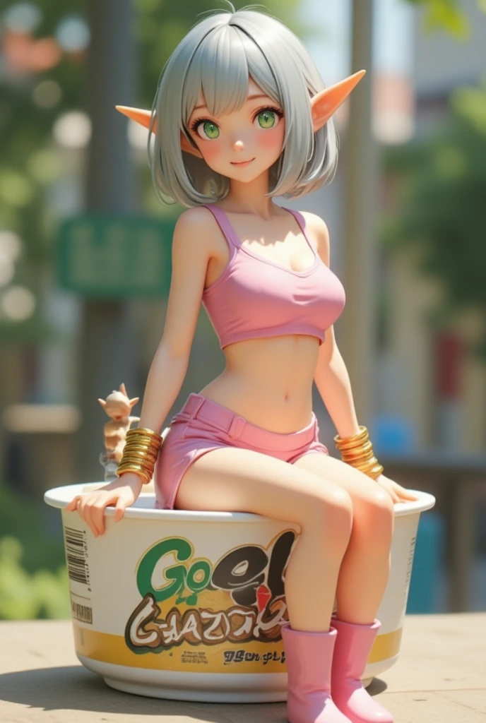 A cup noodle container with the product name printed on the side with the cover tightly closed, A small miniature elf figure sitting on the edge of the cover, full body, PVC texture, silver bob cut, green eyes, Pointy Ears, gold bangles, pink tube top, breasts, cleavage, pink mini shorts, pink short boots, smile, super realistic, Tilt lens photography