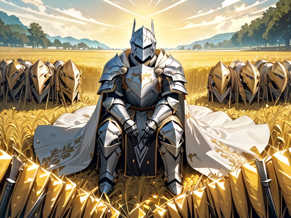 rural idyll .male.Holy Knight. wearing heavy armor .cloak.Sitting in the center of the field . surrounded by a sea of golden rice