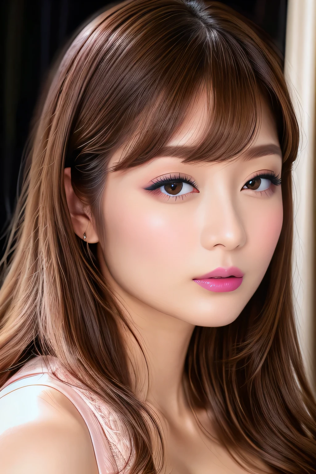 (detailed skin:1.2),(shiny skin:1.1),8k,best quality, masterpiece, ultra high res,(photorealistic:1.4), RAW photo,(soft saturation:1.3),(fair skin:1.2),mature woman,47year-old,evil smile,smile lines,gyaru,makeup,(lipstick:1.1),(eyeliner:1.2),mascara,eyeshadow, glamor, large breasts,blonde hair and brown hair, medium hair, asymmetrical hair, disheveled hair, asymmetrical bangs