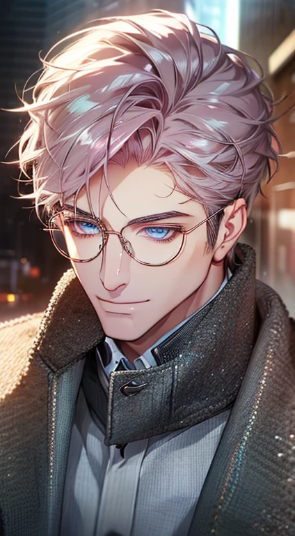 (best quality,4k,8k,highres,masterpiece:1.2),ultra-detailed,(realistic,photorealistic,photo-realistic:1.37),cinematic lighting,hdr image,beautiful mature man,extremely detailed handsome face,short grey pink hair,blue eyes,beautiful smile,buttoning jacket,CEO,wearing glasses