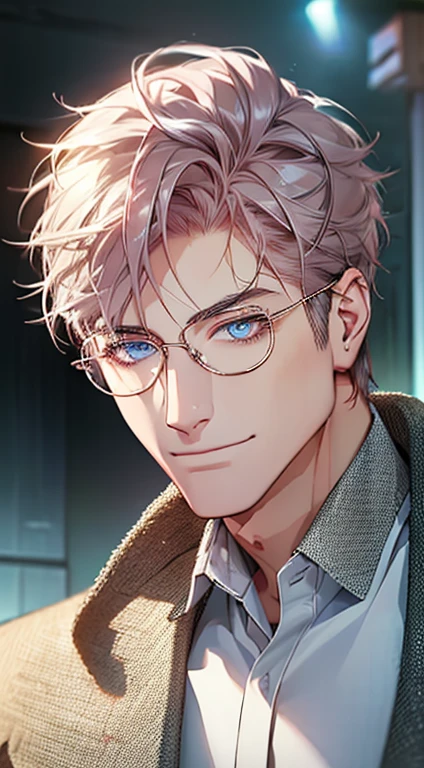 (best quality,4k,8k,highres,masterpiece:1.2),ultra-detailed,(realistic,photorealistic,photo-realistic:1.37),cinematic lighting,hdr image,beautiful mature man,extremely detailed handsome face,short grey pink hair,blue eyes,beautiful smile,buttoning jacket,CEO,wearing glasses