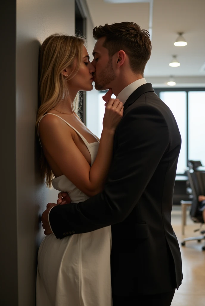 Zara Larsson look alike. She stands naked facing the camera. She is held by a man in a suit from behind. His left arm on her chest his right arm on her neck