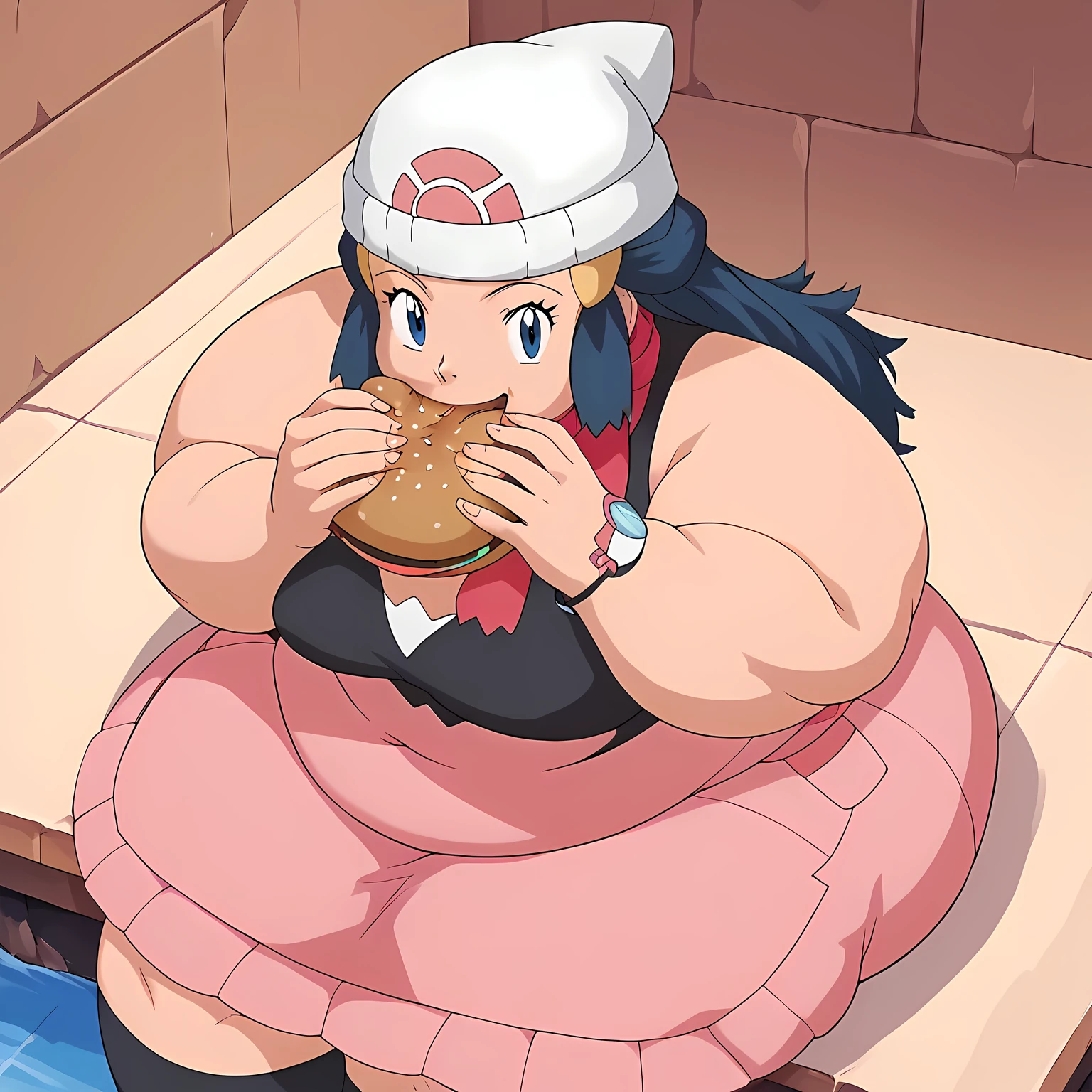 score_9, score_8_up, score_7_up, source_anime, pokemondawn, pokemon dawn, black hair, blue eyes, sidelocks, long hair,, bare shoulders, beanie, black shirt, black socks, bracelet, hat, jewelry, kneehighs, miniskirt, pink skirt, red scarf, scarf, shirt, skirt, sleeveless, sleeveless shirt, white headwear,, landscape, , smile, looking at viewer, solo, fat, chubby, obese, gigantic arms and legs, large breasts open mouth, sitting, from above, eating, burger