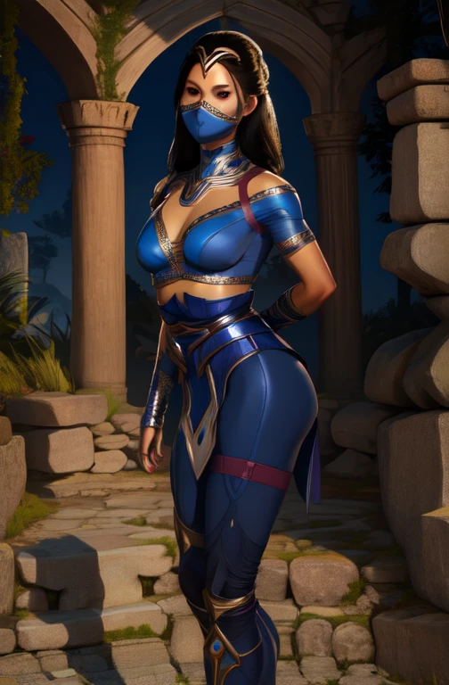 KitanaMK1, black hair, brown eyes,  jewelry, blue dress, cleavage,  mouth mask, 
looking at viewer, royal garden. morning,
 standing,full body,prefect body,large butt,smile toned, (insanely detailed, beautiful detailed face, masterpiece, best quality), turn back,butt show,cross arms