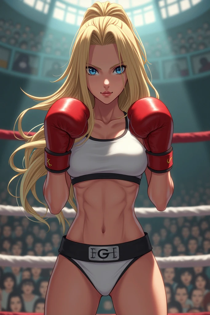 One girl, frown, serious face, platinum_blonde, bangs, ponytail, white_shirt_sleeveless, belly button, retrato, boxing gloves