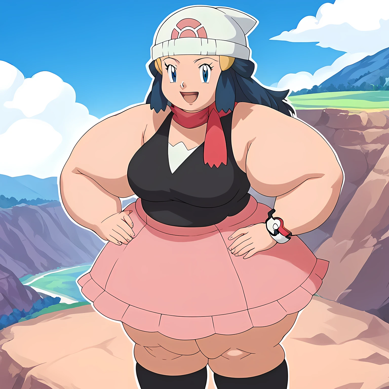 score_9, score_8_up, score_7_up, source_anime, pokemondawn, pokemon dawn, black hair, blue eyes, sidelocks, long hair,, bare shoulders, beanie, black shirt, black socks, bracelet, hat, jewelry, kneehighs, miniskirt, pink skirt, red scarf, scarf, shirt, skirt, sleeveless, sleeveless shirt, white headwear,, landscape, , smile, looking at viewer, solo, fat, chubby, obese, gigantic arms and legs, large breasts open mouth, ready for pokemon battle, standing, proud