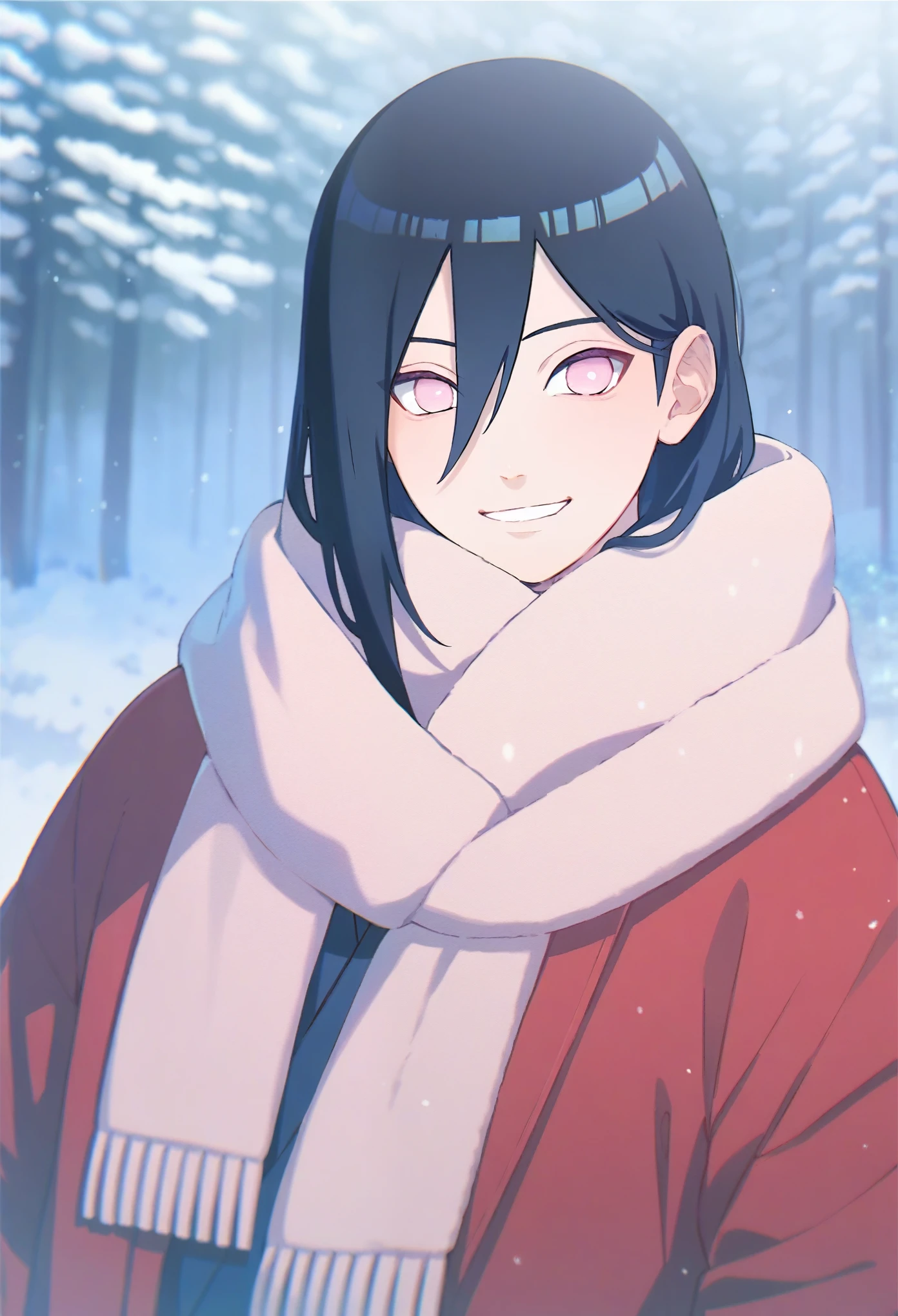 (naruto oc), (naruto character),(gender: male, boy), (hair: medium length, black hair, straight hair), (eyes, pink eyes, pastel pink, no pupil, without pupil), (clothing: beige scarf, red coat, winter clothes), (scenario: forest, japanese forest, snowy scenario, snowy weather), (expression: smiling, happy)