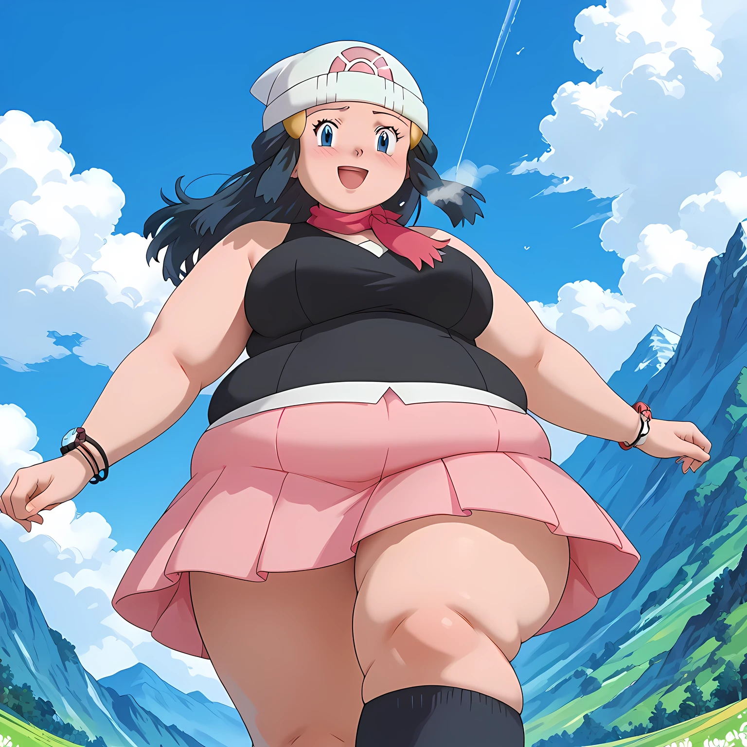 score_9, score_8_up, score_7_up, source_anime, pokemondawn, pokemon dawn, black hair, blue eyes, sidelocks, long hair,, bare shoulders, beanie, black shirt, black socks, bracelet, hat, jewelry, kneehighs, miniskirt, pink skirt, red scarf, scarf, shirt, skirt, sleeveless, sleeveless shirt, white headwear,, landscape, , smile, looking at viewer, solo, fat, chubby, obese, gigantic arms and legs, large breasts open mouth, running, from below, embarrassed, blush, out of breath