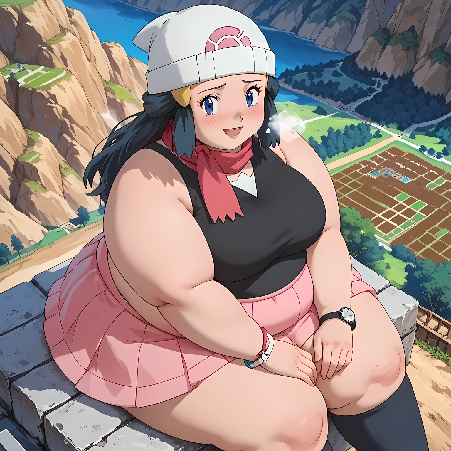 score_9, score_8_up, score_7_up, source_anime, pokemondawn, pokemon dawn, black hair, blue eyes, sidelocks, long hair,, bare shoulders, beanie, black shirt, black socks, bracelet, hat, jewelry, kneehighs, miniskirt, pink skirt, red scarf, scarf, shirt, skirt, sleeveless, sleeveless shirt, white headwear,, landscape, , smile, looking at viewer, solo, fat, chubby, obese, gigantic arms and legs, large breasts open mouth, sitting, from above, embarrassed, blush, out of breath