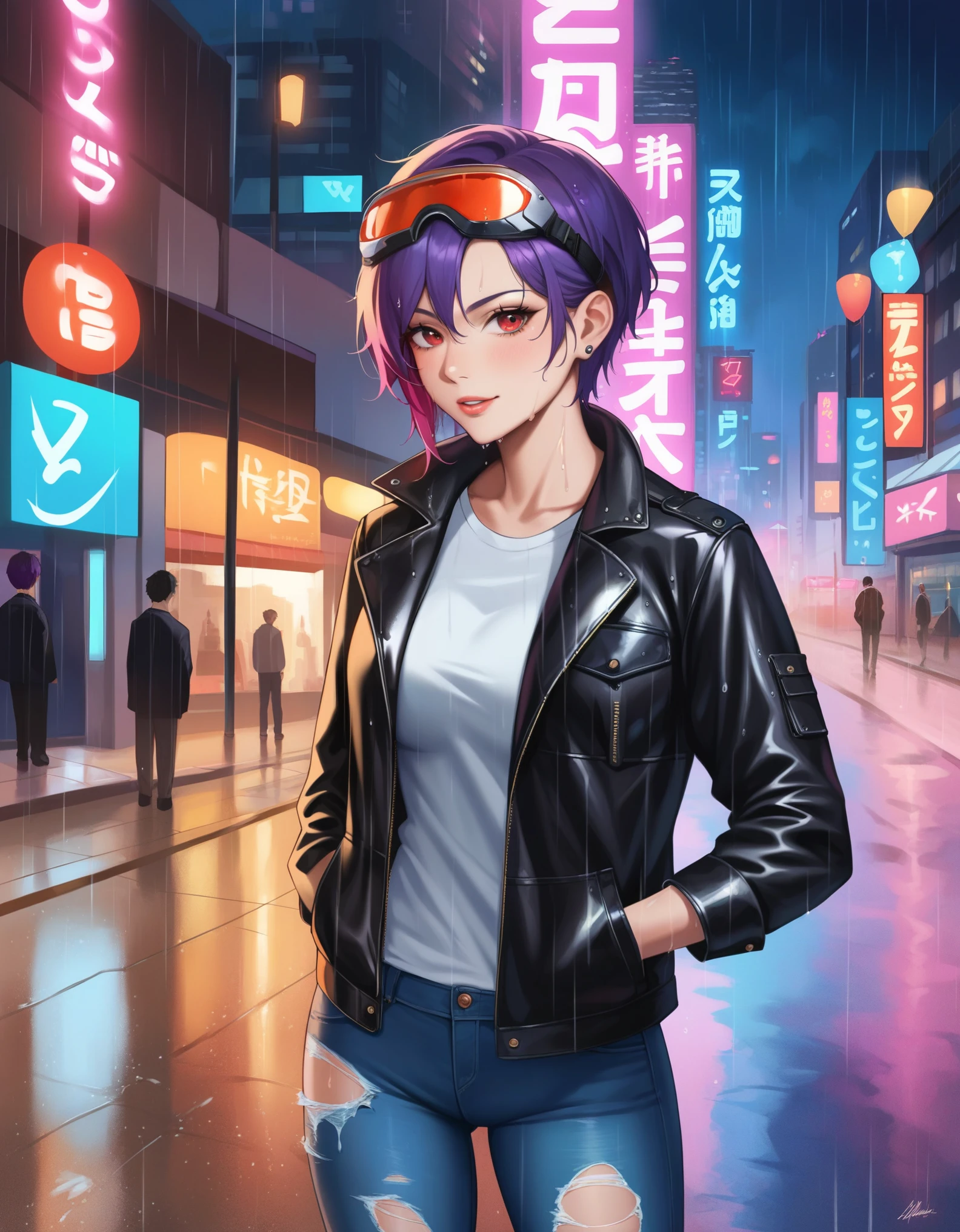 score_9, score_8_up, score_7_up, masterpiece, source_anime, BREAK, 1girl, red eyes, short purple hair, neon goggles, leather jacket, ripped jeans, cybernetic arm, standing in a rainy city street, neon lights reflecting on wet pavement