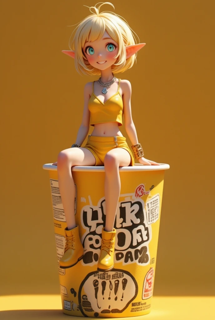 A cup noodle container with the product name printed on the side with the cover tightly closed, A small miniature elf figure sitting on the edge of the cover, full body, PVC texture, blonde pixie cut, azure eyes, Pointy Ears, silver necklace, yellow camisole, yellow mini shorts, yellow short boots, smile, super realistic, Tilt lens photography