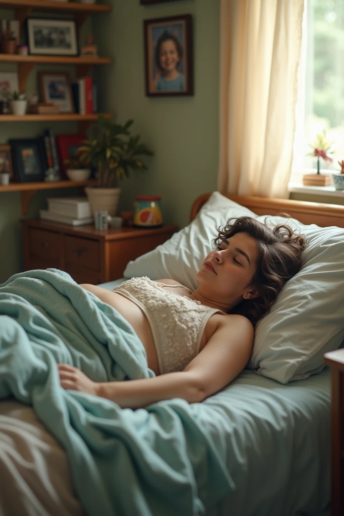 (realistic:1.2) Sleeping girl, 22 years old, (detailed:1.1) beautiful brown hair, (clearly defined nipple,green eyes), wearing pink pajama and (detailed) long pants. The girl is peacefully sleeping on a (comfy) bed, surrounded by soft blankets and fluffy pillows. The room is softly lit, casting a warm glow on the girl's face. The walls are painted in a soothing pastel color, creating a serene atmosphere. The sunlight gently filters through the sheer curtains, adding a touch of natural light to the scene. The girl's room is decorated with simple, yet elegant furniture, giving it a cozy and organized feel.