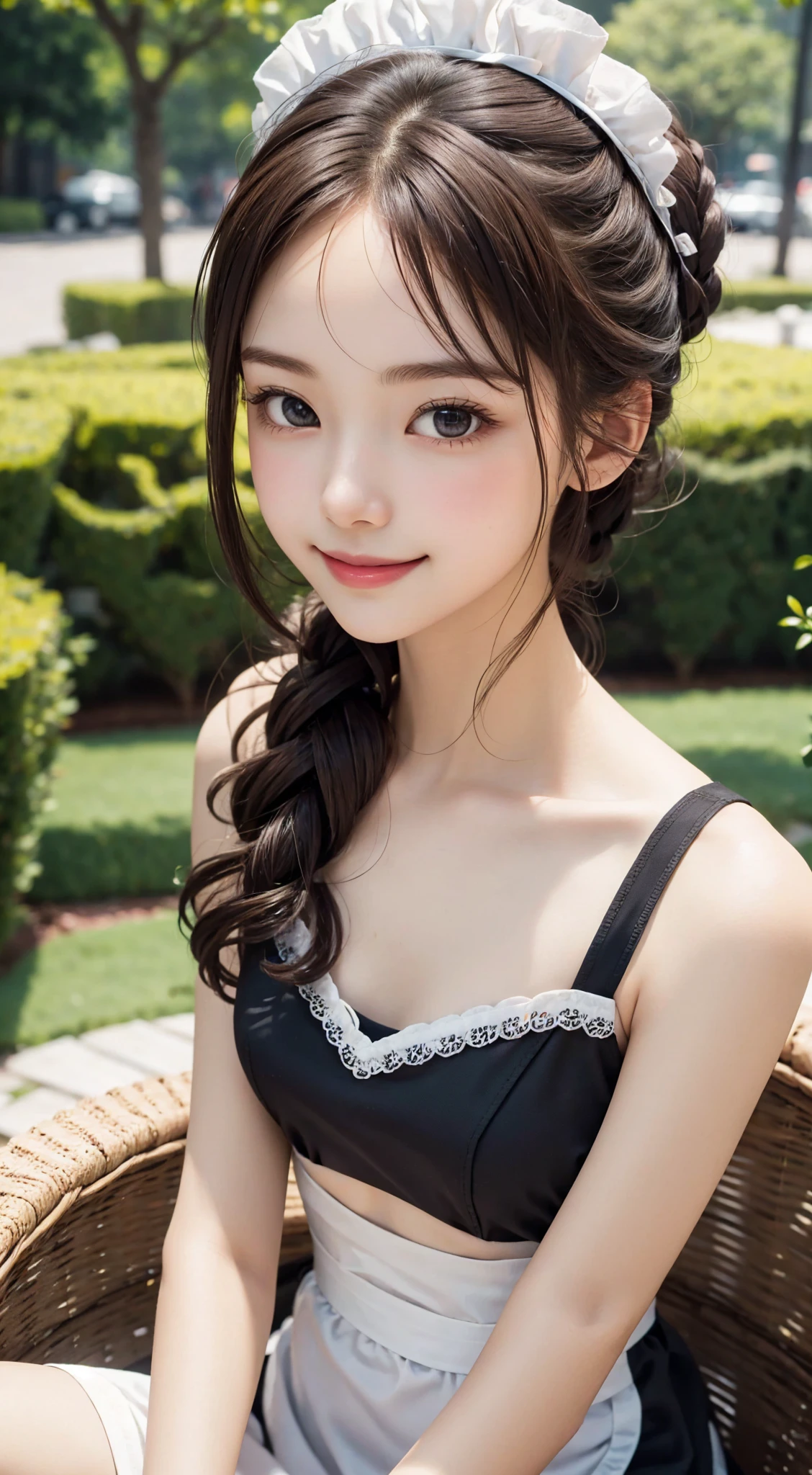 Maid,cute pretty girl,masterpiece,high definition,4k,8k,16k,chignon hair,brown hair,skinny,thin body,smile