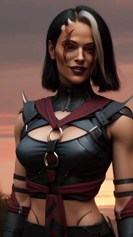 sareenamk1,red eyes,black sclera,(two-tone hair,white streaked hair,)bangs,scar, black crop top,o-ring,gloves,midriff,cleavage, standing,upper body,smile, red sky,woods, (insanely detailed, beautiful detailed face, masterpiece, best quality),  