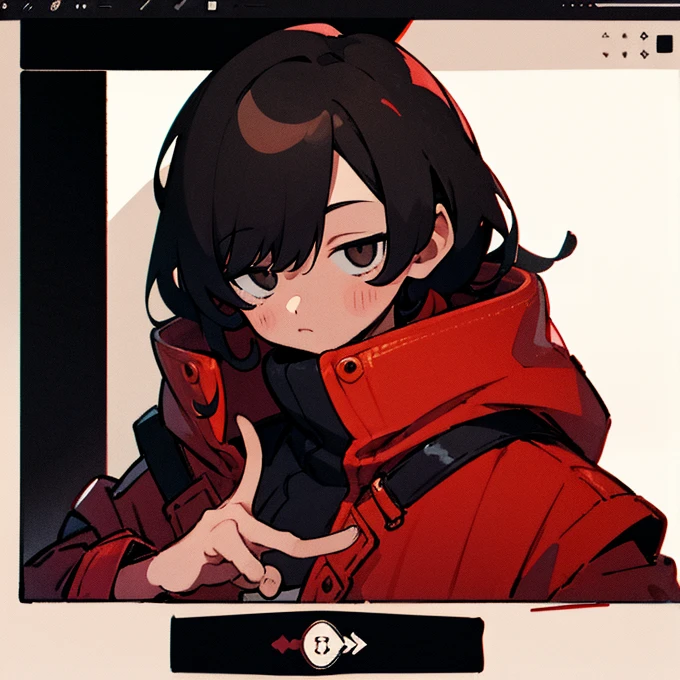 A boy with red hair with black hair down his hair, not so long but at the same time with lenses, slightly brown skin wearing a red coat with a black hood and looking at the screen with his hand as a symbol of love and peace.