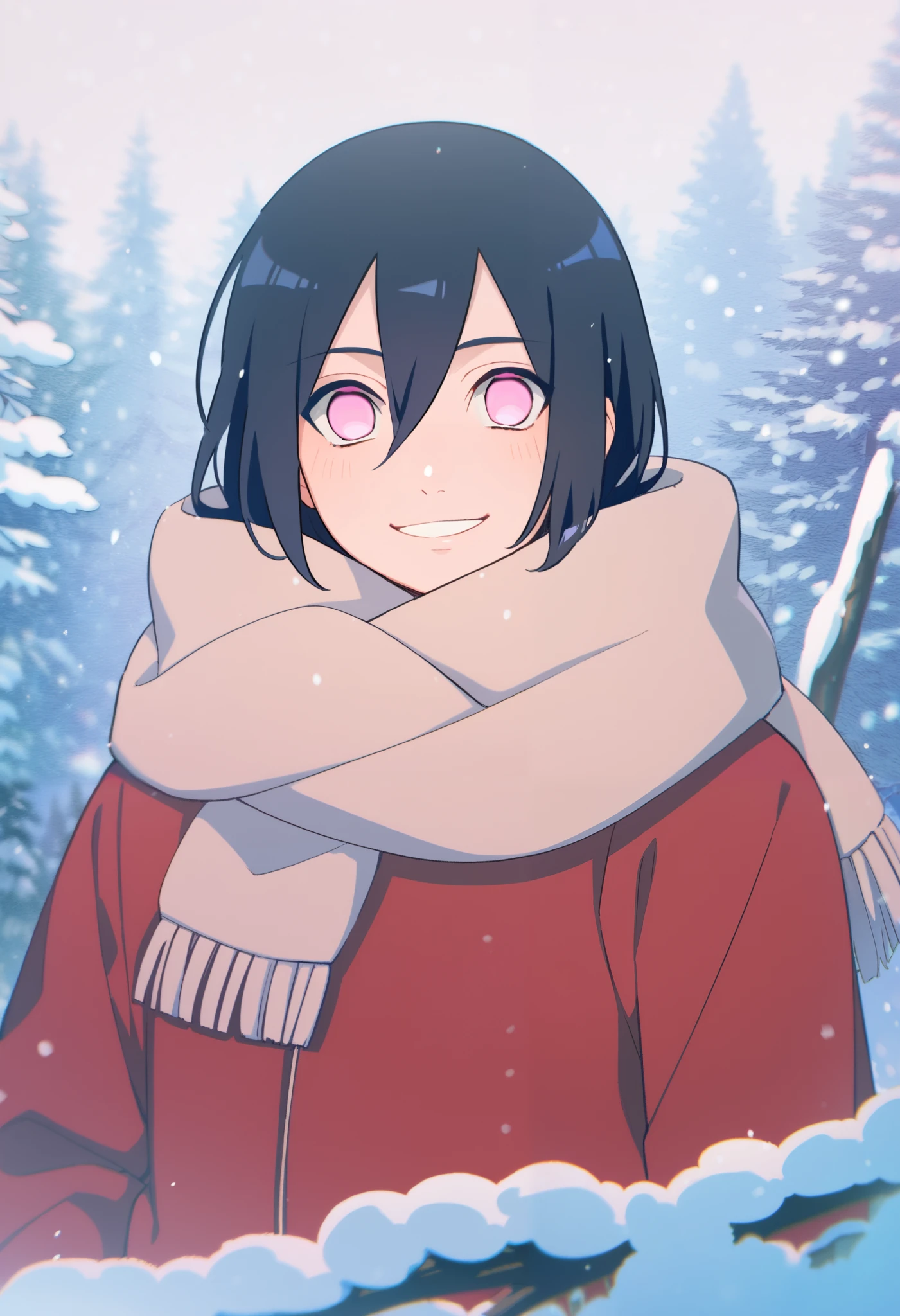 (naruto oc), (naruto character),(gender: male, boy), (hair: medium length, black hair, straight hair), (eyes, pink eyes, pastel pink, no pupil, without pupil), (clothing: beige scarf, red coat, winter clothes), (scenario: forest, japanese forest, snowy scenario, snowy weather), (expression: smiling, happy)