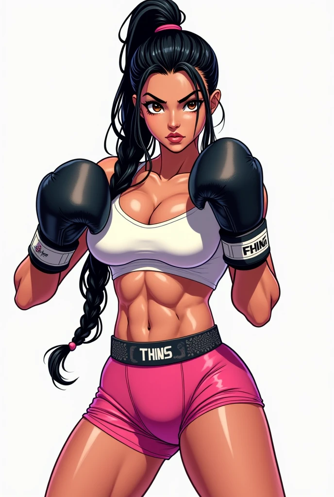 2D anime picture, (anime style 1), single female arrogant boxer, 10 years old, sadistic, Japanese, smirks at the viewer, beautiful long black hairstyle, dark skin in white high neck crop top, in white leggings, in pink boxing gloves стоит возле боксёрском ринге, in empty gym, night