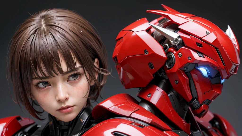 最   High Quality 非常に   Details,    Details,    High Quality , 最   High Quality ,    kampala, 1080P,   hard disk  , beautiful,(War Machine),(  perfect headgear ),See the whole picture,beautifulサイボーグ女性, redmecha cyborg   girl holding a robot head with both hands,BATTLE MODE,Mecha Body Girl　 8k red body armor  　   girl　Sweaty face　Droopy eyes　   short hair on the side of the uniform 　 　   boyish  　 steam is coming out of my head　  Her hair is wet with sweat   　 brown hair,   Steam coming out of the mouth   　    No exposed skin under the face  　(bare hands)    back view 　(( Wet )) (No skin other than the face is visible )   embarrassed expression