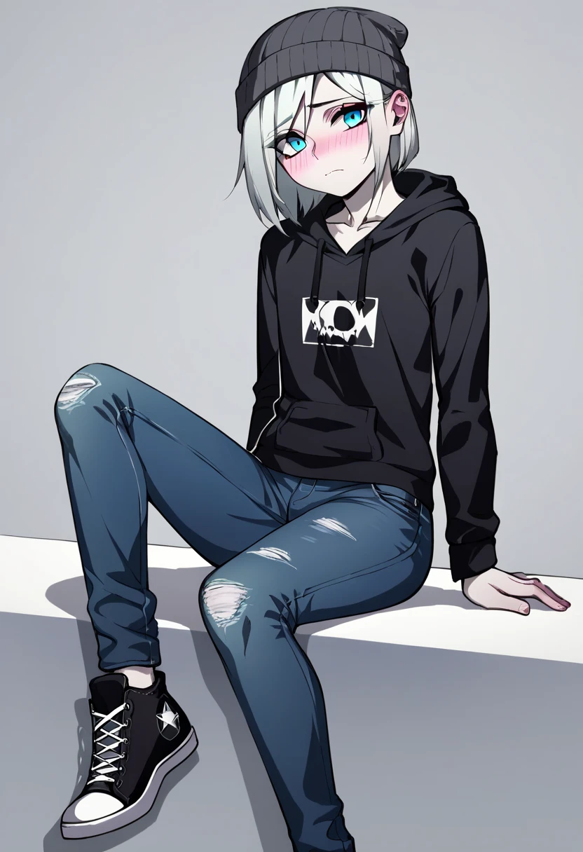 (1 effeminate boy), (British femboy), ((pale skin)), (opal-colored eyes), (silver hair), (tousled hair), serious expression, ((slender body)), (white crew neck shirt), (black hoodie), ((gray beanie)), (dark blue jeans), (Converse sneakers), sad expression, ((shy expression)), (((shy posture))), ((sitting on hip)).