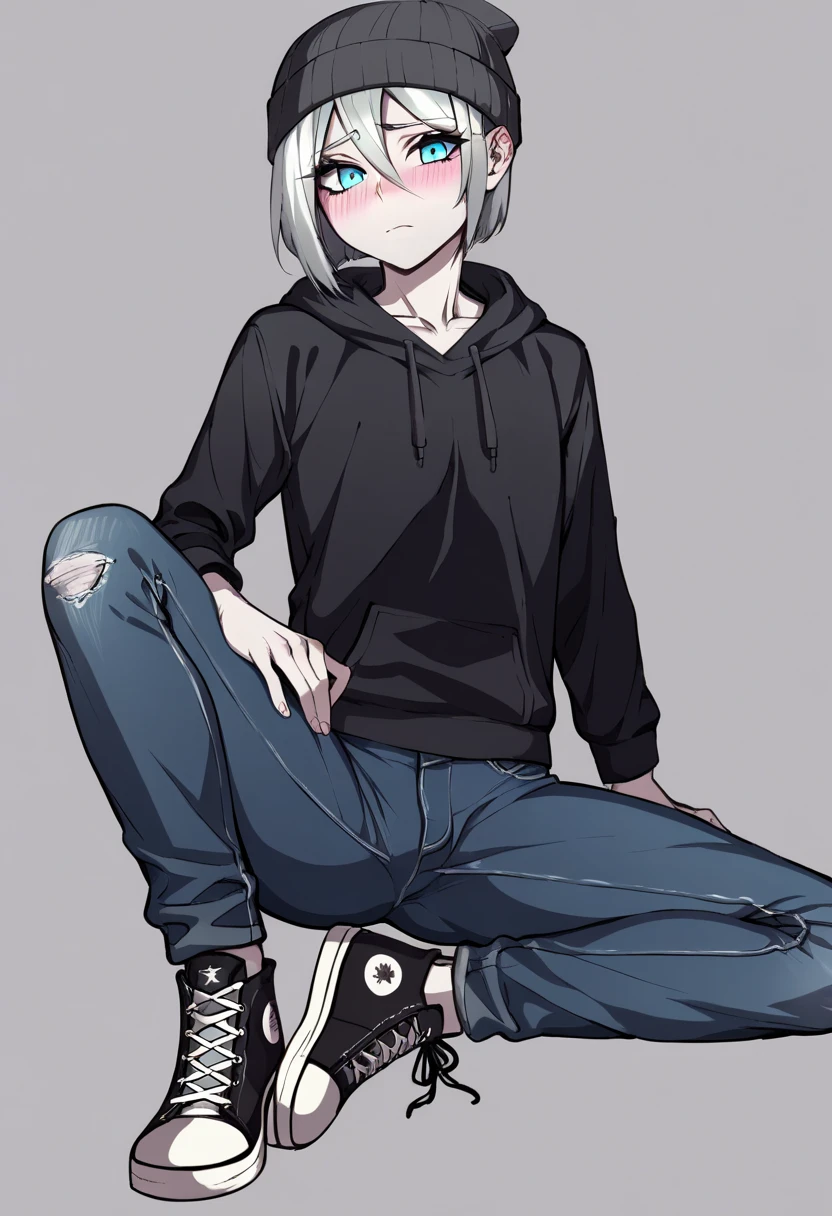 (1 effeminate boy), (British femboy), ((pale skin)), (opal-colored eyes), (silver hair), (tousled hair), serious expression, ((slender body)), (white crew neck shirt), (black hoodie), ((gray beanie)), (dark blue jeans), (Converse sneakers), sad expression, ((shy expression)), (((shy posture))), ((sitting on hip)).