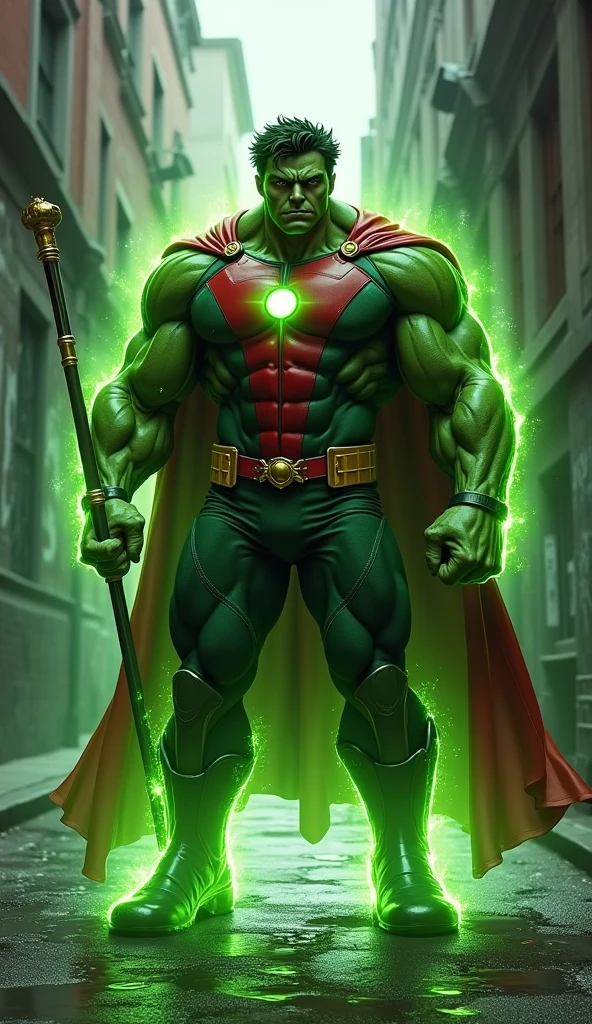 1man, solo, Martian Manhunter (DC comics), J'onn j'ozz, tall, muscular, hunk, abs, dark green skin, chiseled face, alien face, high cheekbones, alien pointy ears, tribal marks all over the body, long claws on forearms, long head, long face, squared chin, bald head, egg-shaped head, long ((purple)) cape, cape tied to the chest, flowing cape, red eyes, no pupils, shirtless, standing powerfully, flat style, ultra detailed, low camera angle, upper body shot, 2 red straps on the chest big black and red armored male leather skirt on the outside, black pant on the inside, purple shoulder pads, high resolution:1.2, circle red and black emblem on the chest, battlefield in the background, award winning, shadow