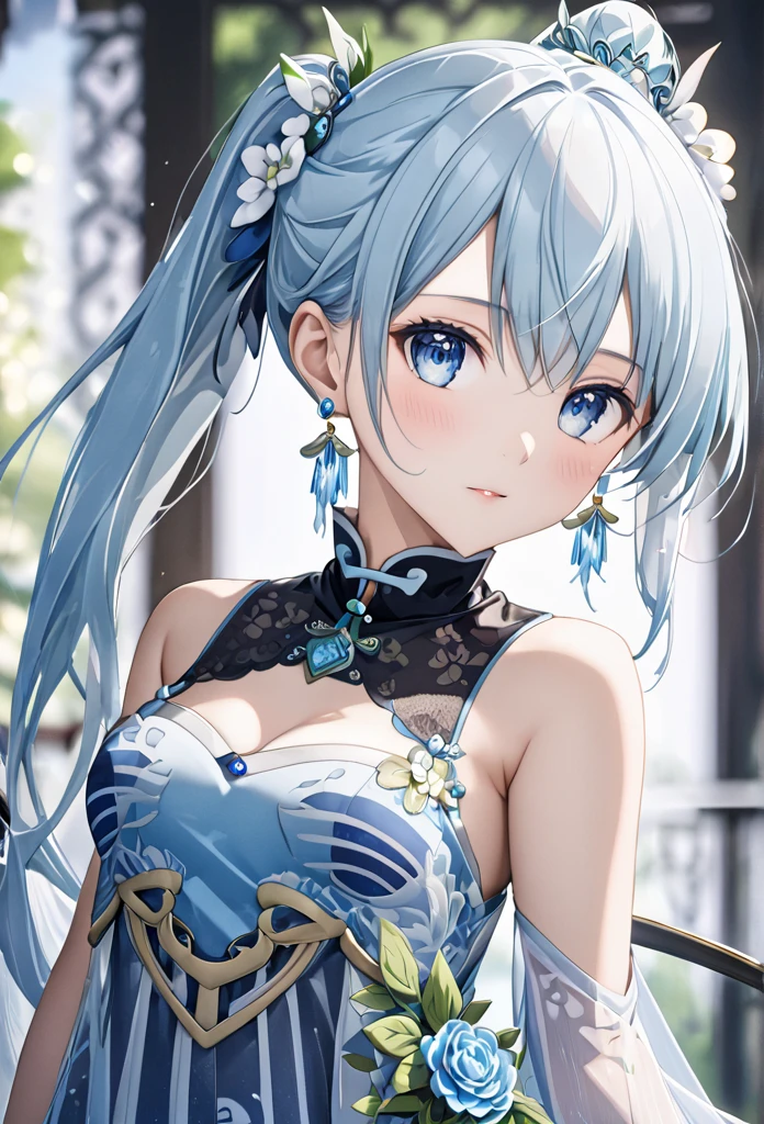 ( ultra high resolution,   best quality、 Detailed Details ),  accurately drawn body  、 textured skin、 Asada Shino、Alone,   adult woman、Light blue half length 、 side ponytail 、 Shiny Hair、 blue eyes、Sparkling Eyes、 Glamorous eyes、 small breasts、 Crystal Earrings  、  Luxurious Hair Ornaments 、  simple background,  Blurry Background ,    sexy China dress that has done a clever pattern 、(white Chinese dress with thin fabric )、Beautiful embroidery 、 open chest、 cleavage、 standing、whole body、front、blush、