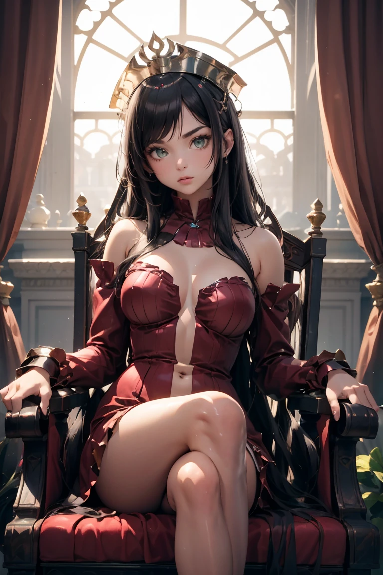 An adult girl in a red shirt-like dress who looks sexy ,  green eyes, long black hair and two small red thrones on her head.