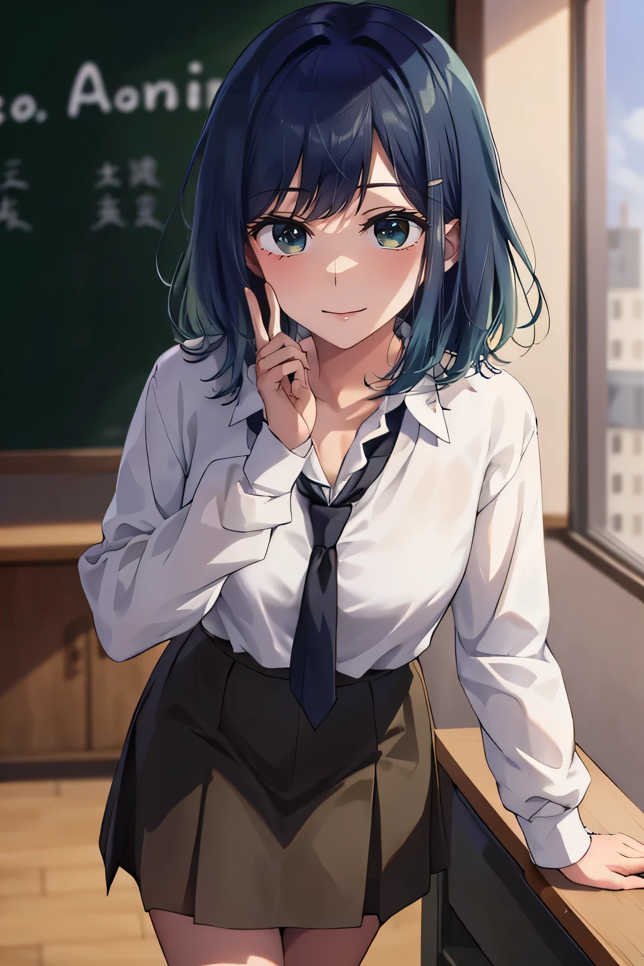  score_9、 score_8_up、 score_7_up、source anime、Akane Kurokawa, Akane Kurokawa、bangs、Green Eyes、 blue hair、 Medium Hair 、Navy  blue hair、 shirt、、、tie、 collared shirt、Highest、Blue tie、 skirt、blue skirt、indoor、classroom、 blackboard 、Bend、smile, putting their fingers in their lips、 cowboy shot、 Dutch angle 、alone、open clothes、 slouching forward, 