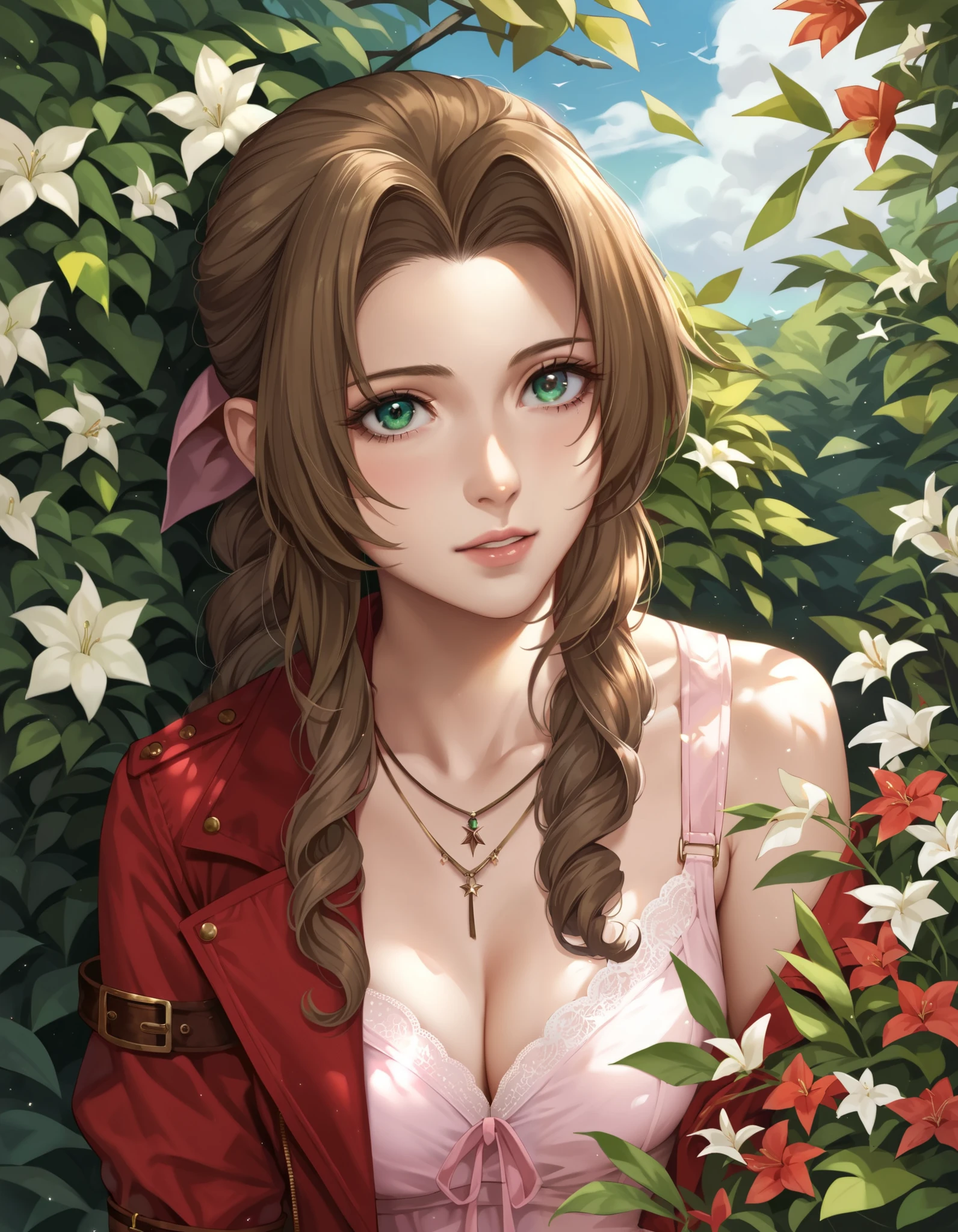 score_9, score_8_up, score_7_up, masterpiece, source_anime, BREAK, 1girl, aerith_gainsborough, final_fantasy, 1girl, brown_hair, green_eyes
