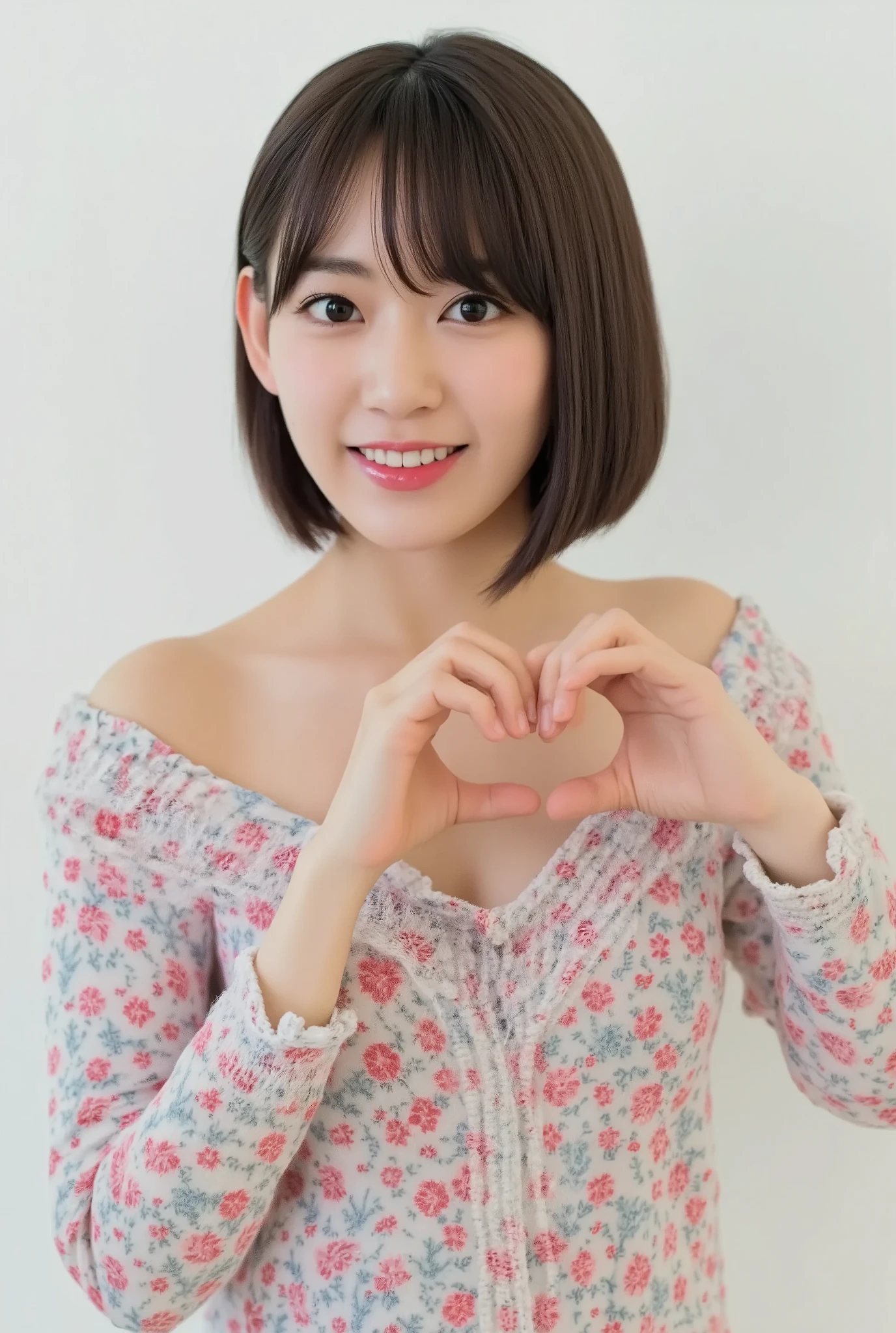 Only one smiling woman poses wearing cute pajamas with only her shoulders exposed, making a firm big heart shape with both hands, and holding them in front of her chest, View above collarbone、The background is a monotone 、
