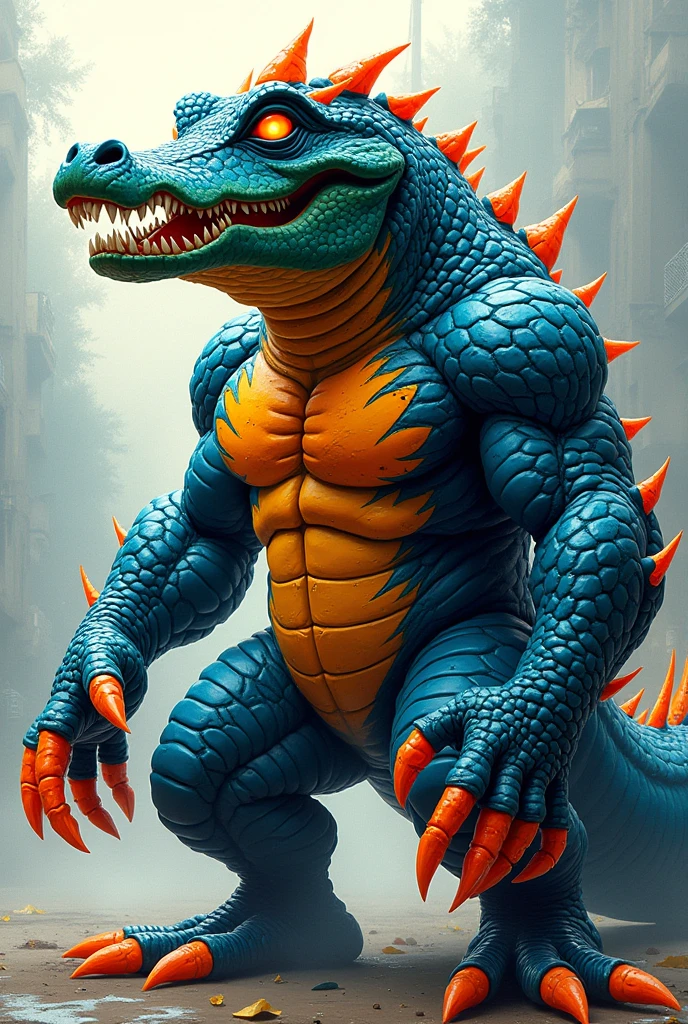 Sky blue male lizardman、A lizardman with sky-blue shining scales、Sideways body、Pose facing sideways、Sideways composition、Huge back muscles、Huge Ass、Sole、Big fangs、Very small head、Sky blue crocodile-like scales、Composition looking up from below、White Breath、Sharp toenails、Eyes tightly closed、an extremely angry、Huge muscles、Stage top background