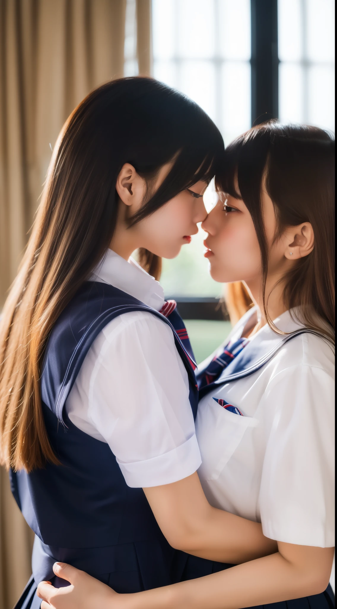 (Best Quality, Masterpiece, Photo realistic, Ultra Detailed, ultra high res, raw:1.3), (breast press), (2girls, pretty, Japanese), Huge Breasts, (kissing), school uniform, bangs, long hair, from side,