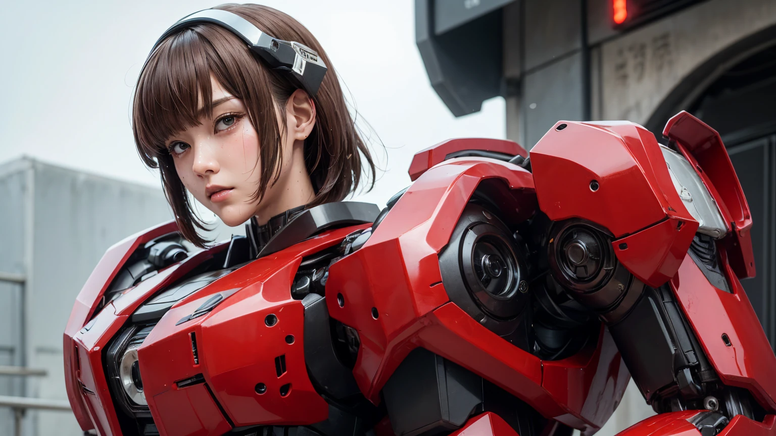 最   High Quality 非常に   Details,    Details,    High Quality , 最   High Quality ,    kampala, 1080P,   hard disk  , beautiful,(War Machine),(  perfect headgear ),See the whole picture,beautifulサイボーグ女性, redmecha cyborg  *** holding a robot head with both hands,BATTLE MODE,Mecha Body Girl　 8k red body armor  　  two girls　Sweaty face　Droopy eyes　   short hair on the side of the uniform 　 　   boyish  　 steam is coming out of my head　  Her hair is wet with sweat   　 brown hair,   Steam coming out of the mouth   　    No exposed skin under the face  　(bare hands)    back view 　(( Wet )) (No skin other than the face is visible )   embarrassed look　