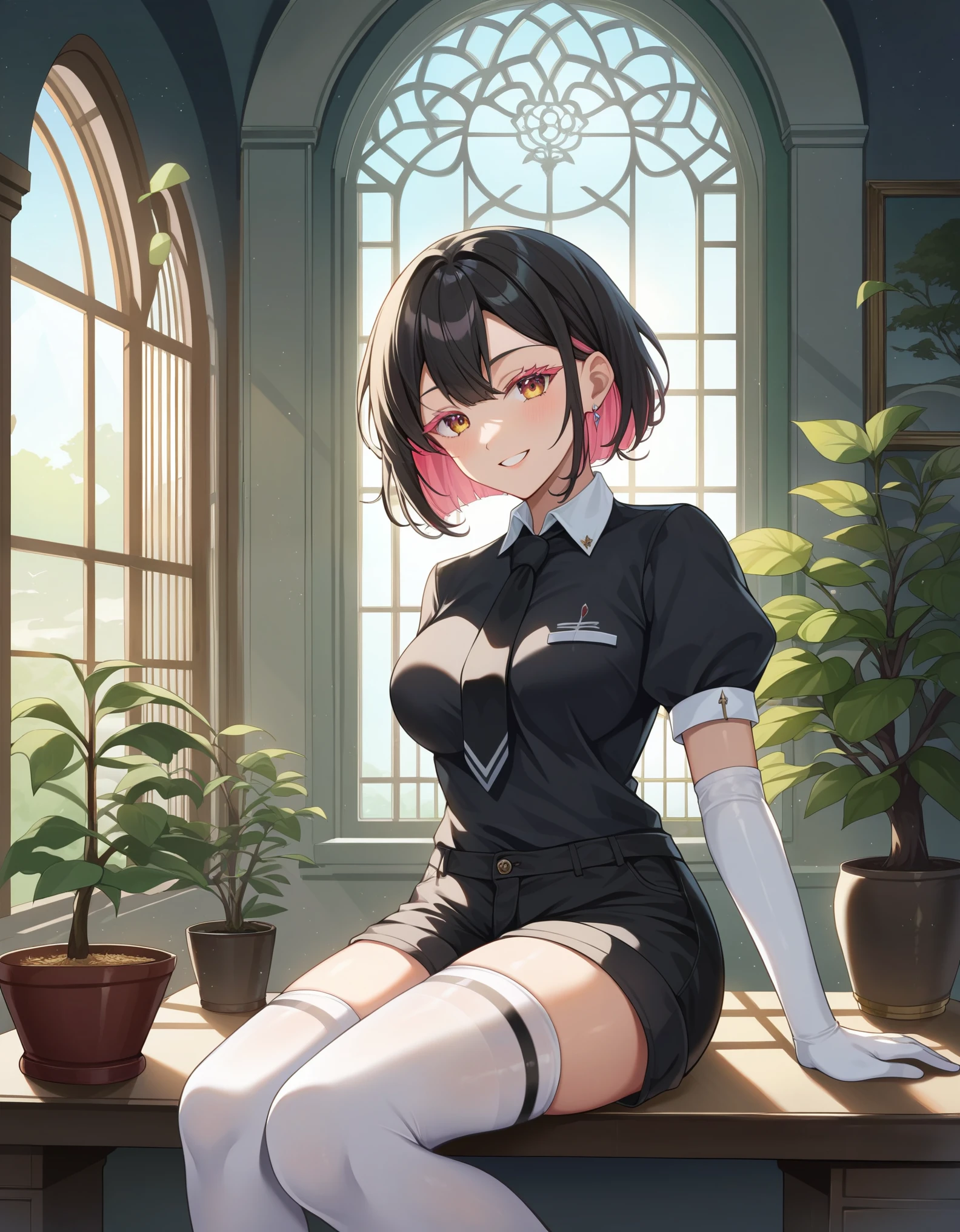 score_9, score_8_up, score_7_up, masterpiece, source_anime,Hiori Light Art, Backlight, absurdres, very aesthetic, best quality, masterpiece, green bonsai, bonsai, inside sanctuary, sanctuary, marble wall, arch, front view, looking at viewer, sitting, soft smile, Hiori Light Art, Backlight, hskdmnd, crystal hair, colored eyelashes, multicolored hair, short hair, black shirt, puffy short sleeves, collared shirt, black necktie, elbow gloves, white gloves, black shorts, white thighhighs