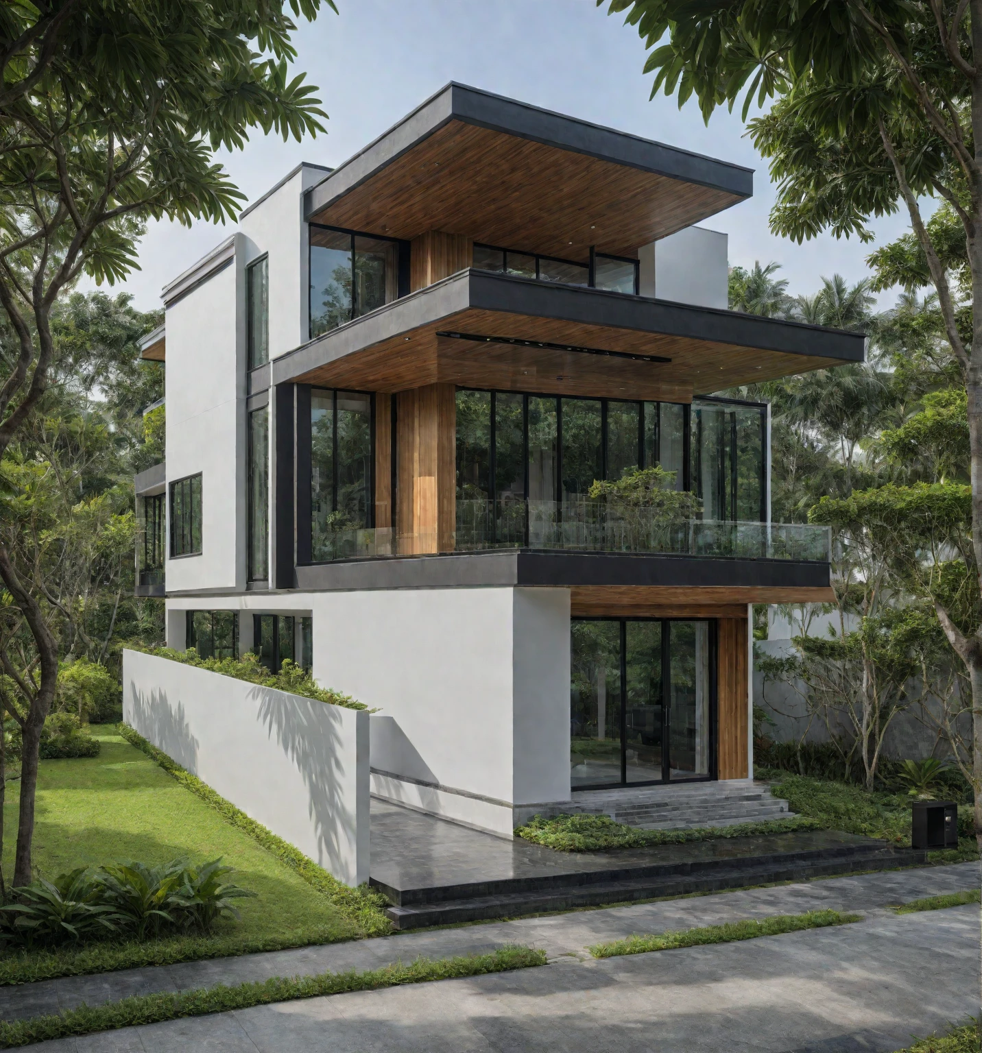 (masterpiece: 1.2), best quality, photo of Modern Two-Story House in Vietnam with White Walls, Tree Environment, Black Details and (Wooden Ceiling: 1.2), Daylight, Street View, Natural Light, Vibrant Colors, Exterior of an Elegant Single Family House with Large Windows, Dark Gray Door Frames.