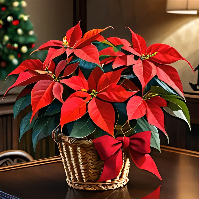  I have a large red poinsettia in a wicker basket on the table,  Christmas, an   surrenders ,  surrendersな,   incredibly realistic  , Brightly colored,  amazing, (   surrenders , wonderful, beautiful, Oscar Winner , beautiful, beautiful!, Red Flower, Mega, Very real, Vivid and detailed ,  amazingデザイン,  high quality and detailed , holiday