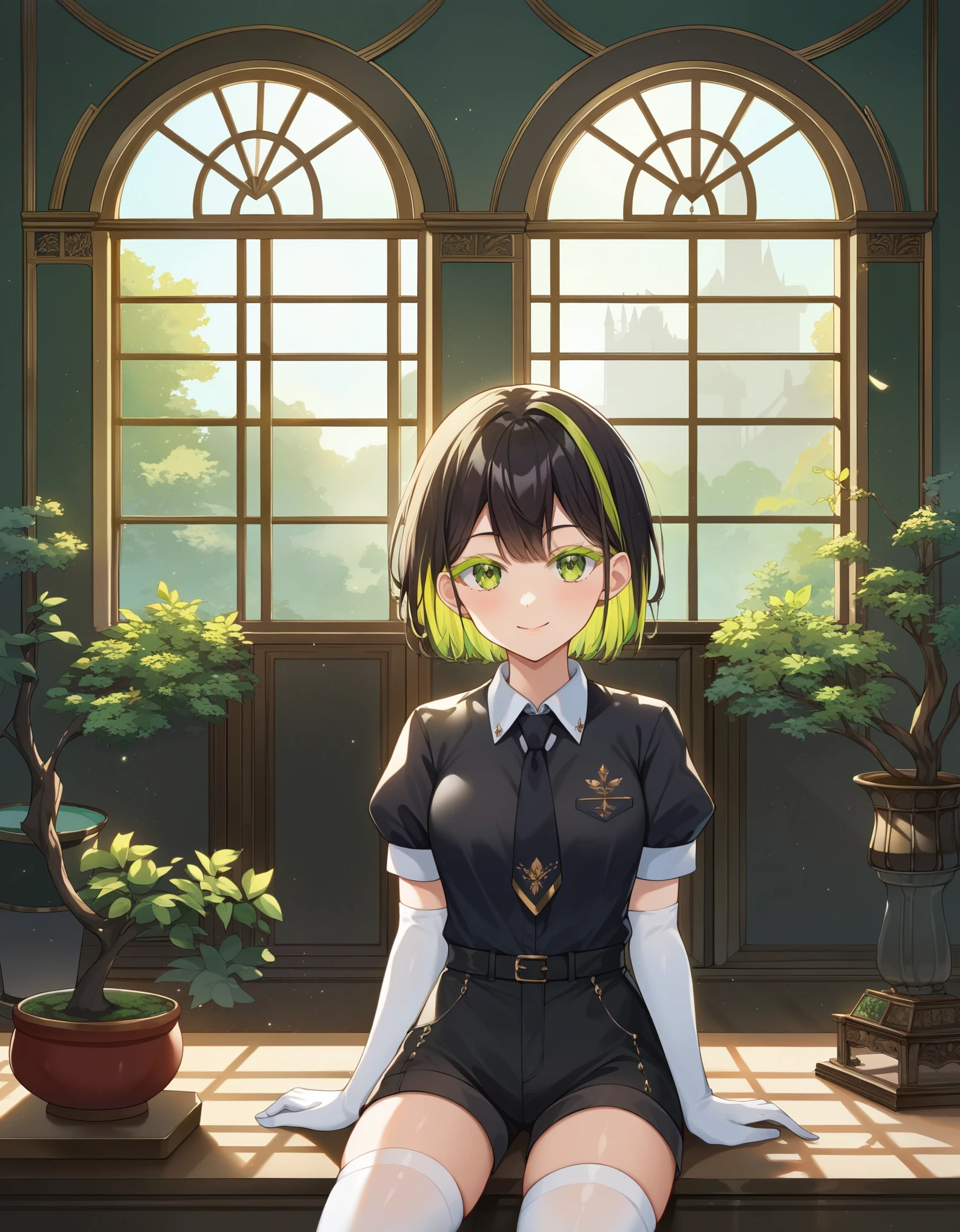 score_9, score_8_up, score_7_up, masterpiece, source_anime,Hiori Light Art, Backlight, absurdres, very aesthetic, best quality, masterpiece, green bonsai, bonsai, inside sanctuary, sanctuary, marble wall, arch, front view, looking at viewer, sitting, soft smile, Hiori Light Art, Backlight, hskdmnd, crystal hair, colored eyelashes, multicolored hair, short hair, black shirt, puffy short sleeves, collared shirt, black necktie, elbow gloves, white gloves, black shorts, white thighhighs