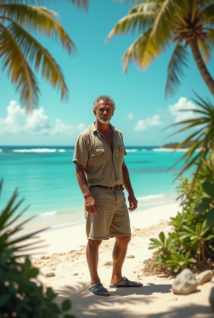 Realistic middle aged man on the beach, shirtless, Short negro, barefoot, palapa