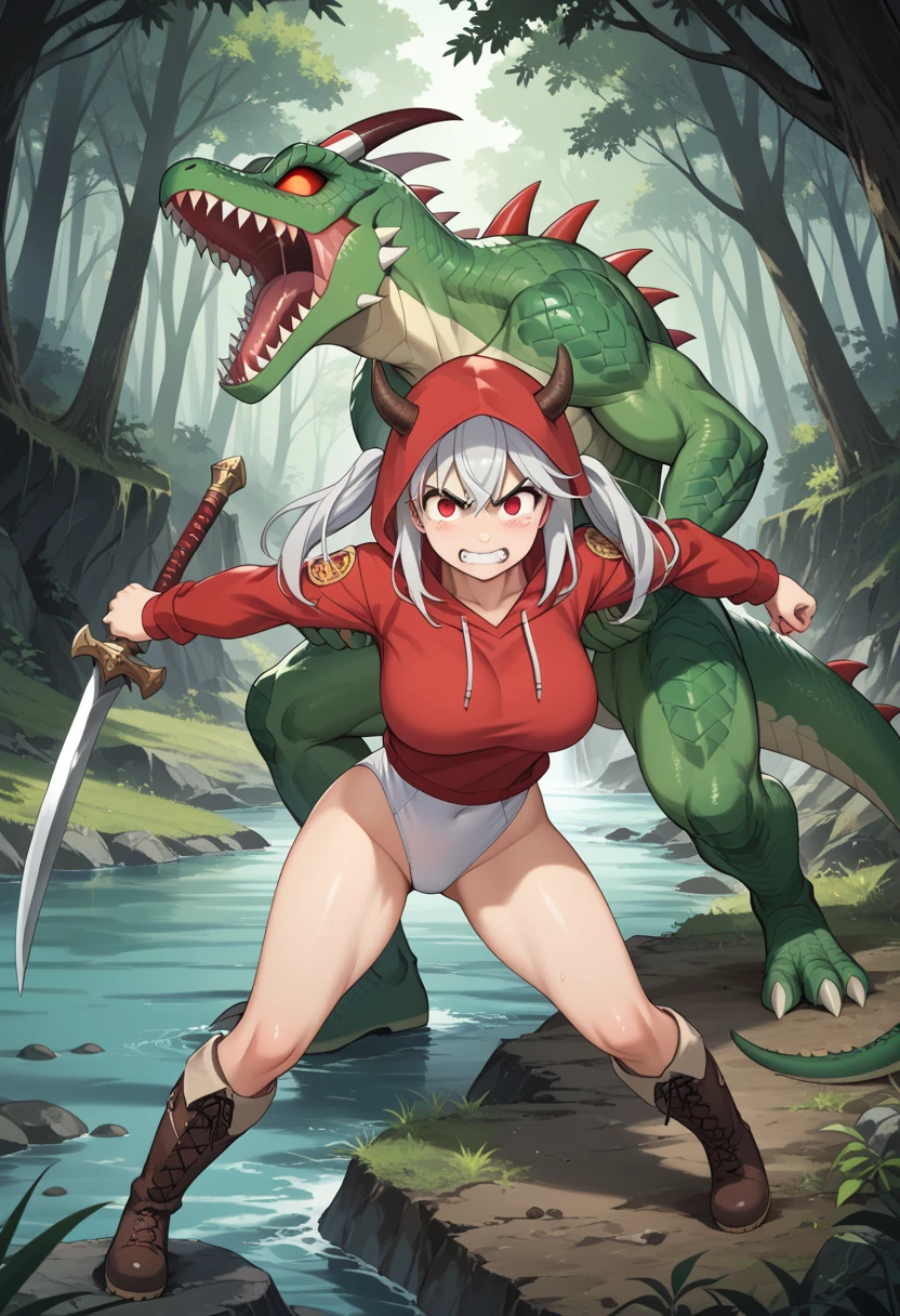 ( score_9,  score_8_up,  score_7_up,  score_6_up,  score_5_up,  score_4_up), masterpiece,  best quality, ( super detailed), cute, Cute,  ideal proportions ,
 destroy
A ***** and young girl is attracted by the powerful lizard human.
breaking
Dim cave , river, forest, tree,
 destroy 1 girl ,Alone,  devil woman 、 Ram&#39;s horn、 Brown Skin、Droopy eyes、  Silver Hair、  twin tails、Double teeth、Big Breasts、Thick Ass、 is short、  white leotards  、  red hoodie covering shoulders and arms 、 Big Boots 、Big Axe、fight、painful, pain,  scary expression, clenched teeth
壊す
1 lizardman,  monster, Strong body, Big body,  huge curved sword , Green Scales,
(少女とfight), destroy another world 、  medieval European atmosphere  、